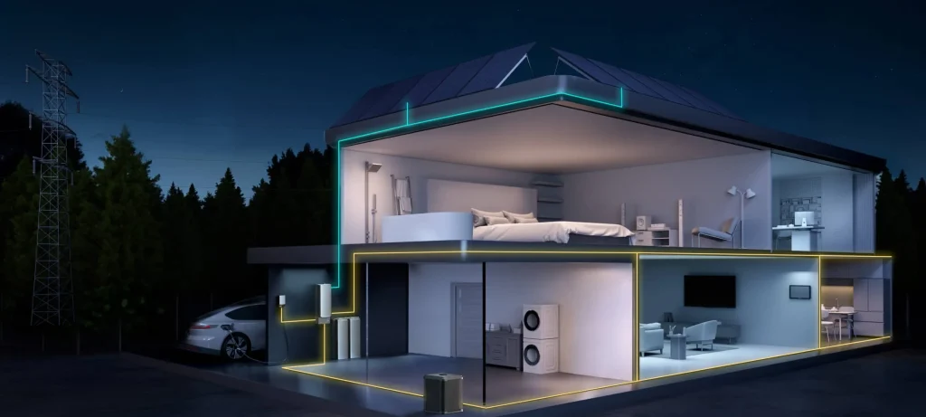 The inside of a home illuminating in night