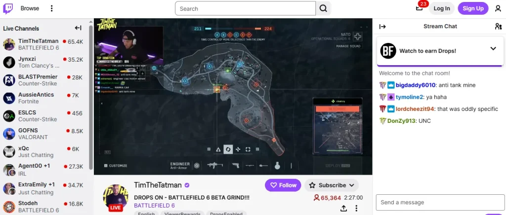 Twitch - A screenshot of twitch game where a user is live streaming