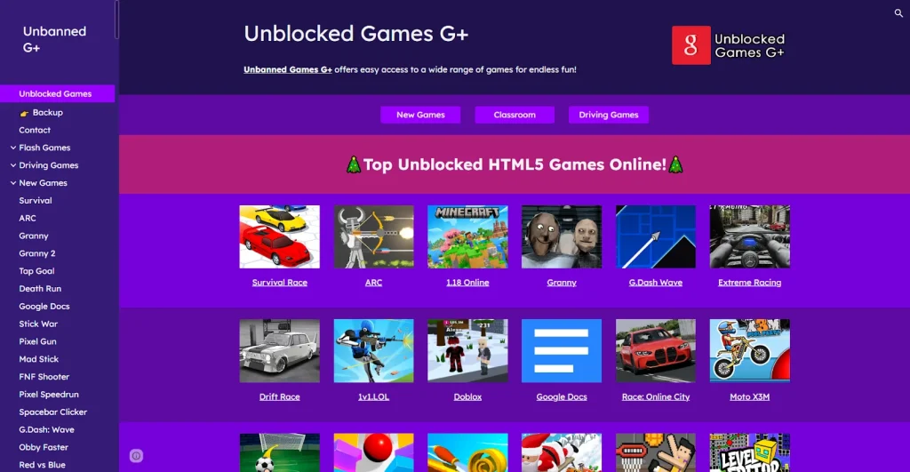 Home page of Unblocked Games G+ showing multiple games