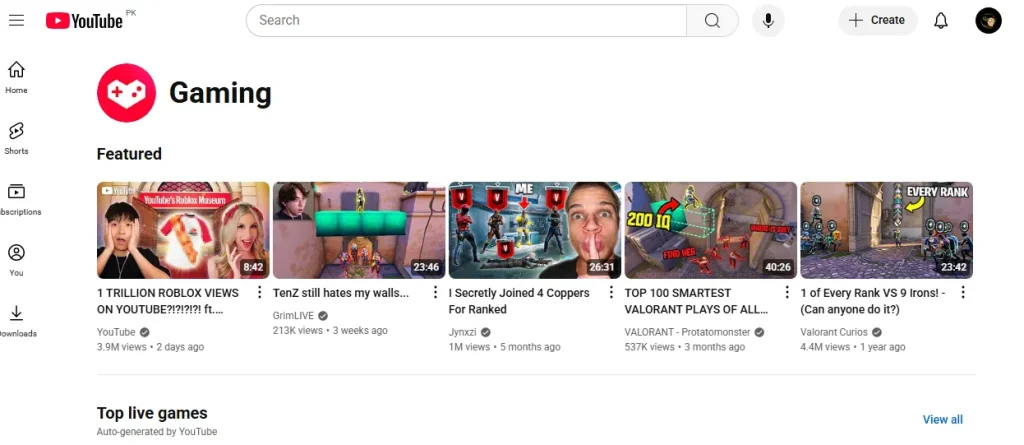 YouTube Gaming - A screenshot of YouTube where different channel are live streaming game