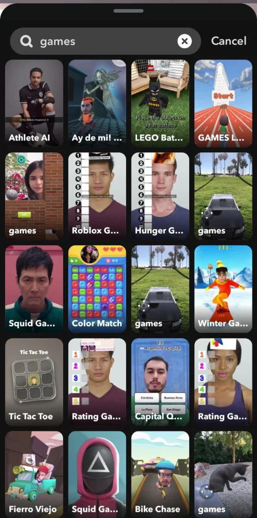 Snapchat Games Search in the Filter section