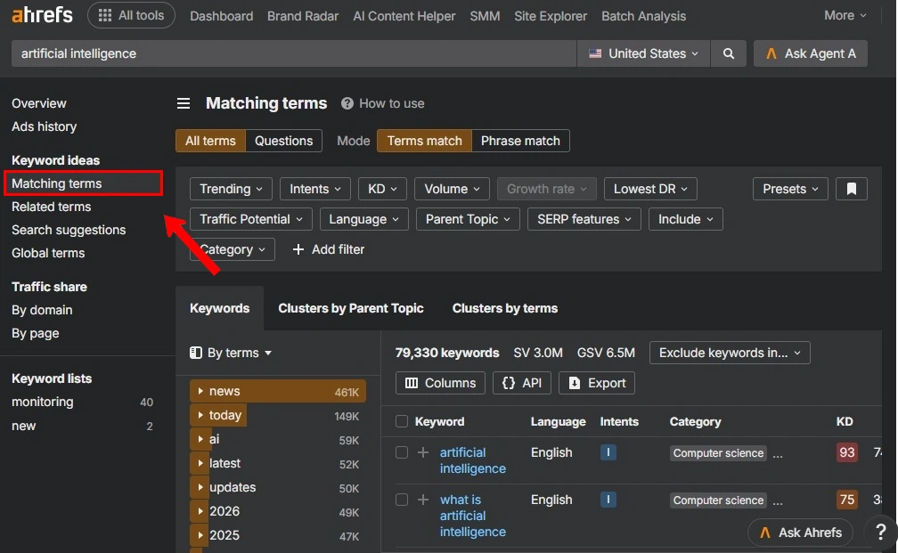 Step 3: Open Matching Terms