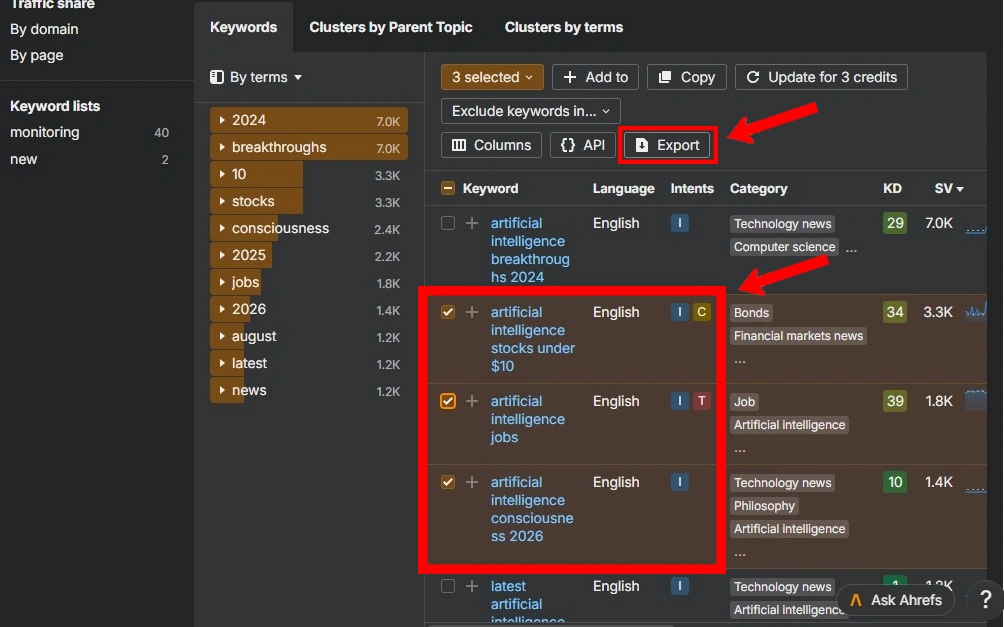 Step 5: Select Target Keywords and then Export