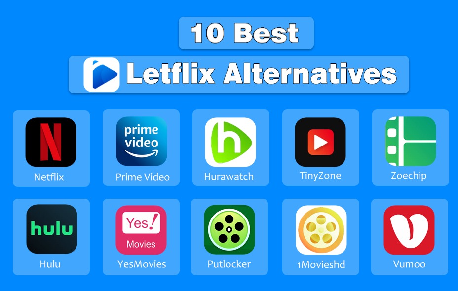 Infographic showing 10 best Letflix alternatives with app icons arranged in two rows against blue background. Top row features Netflix, Prime Video, Hurawatch, TinyZone, and Zoechip. Bottom row displays Hulu, YesMovies, Putlocker, 1Movieshd, and Vumoo. Each service is represented by its recognizable logo or app icon.