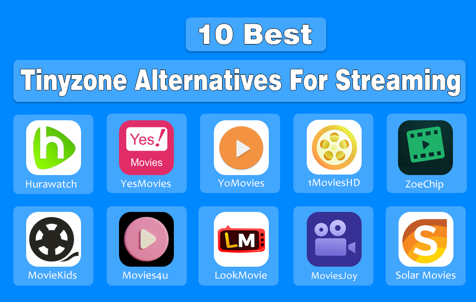 Graphic showing 10 best TinyZone alternatives for streaming with app icons including Hurawatch, YesMovies, YoMovies, 1MoviesHD, ZoeChip, iMovieKids, Movies4u, LookMovie, MoviesJoy, and Solar Movies on blue background