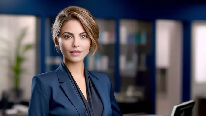 AI avatar of a front desk manager, female wearing a formal dress