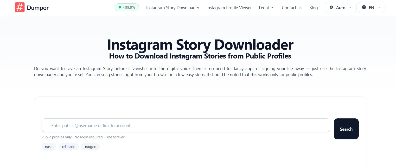 Screenshot of the Dumpor Instagram story downloader interface