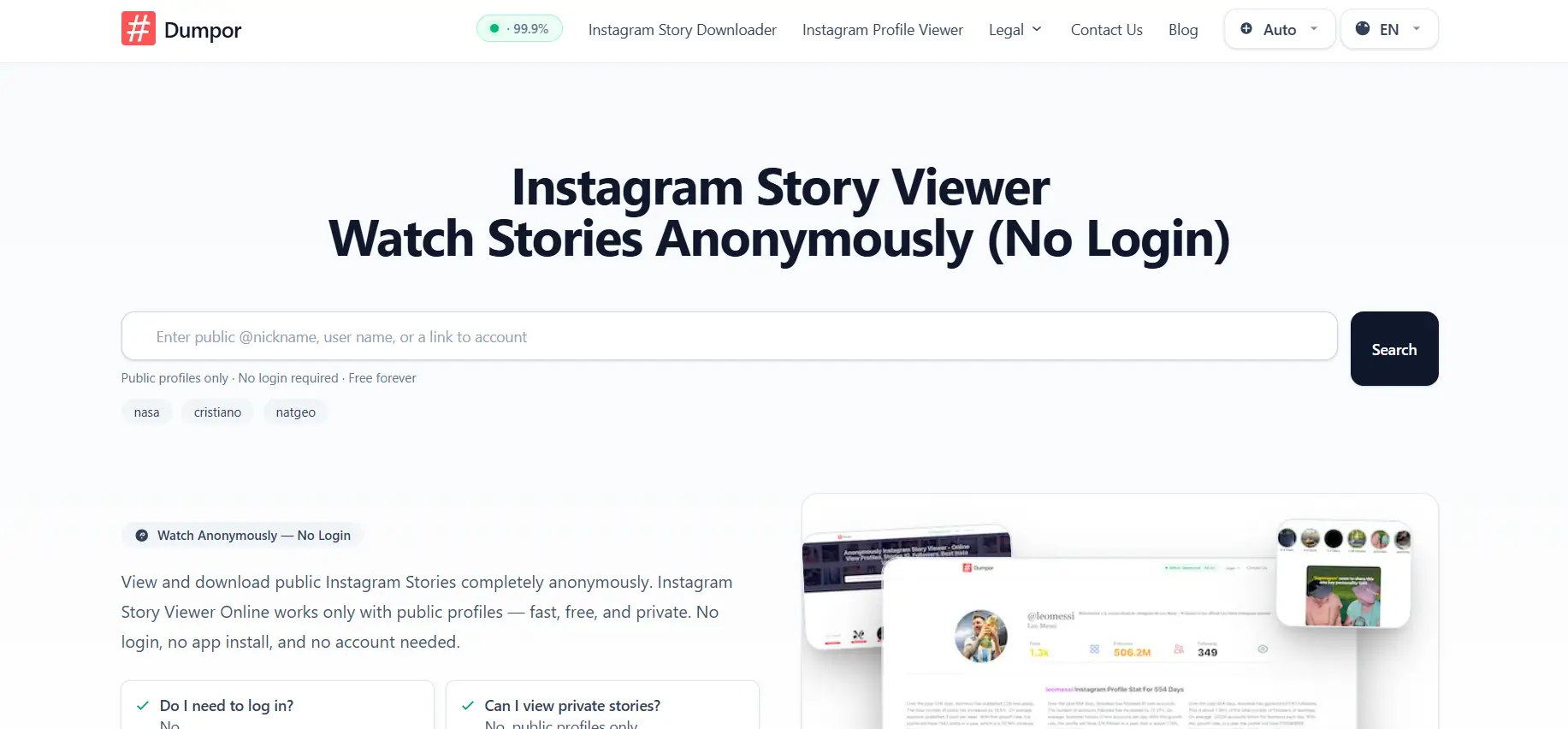 Dumpor's official website interface, showing its main search bar, where you can start viewing Instagram stories anonymously