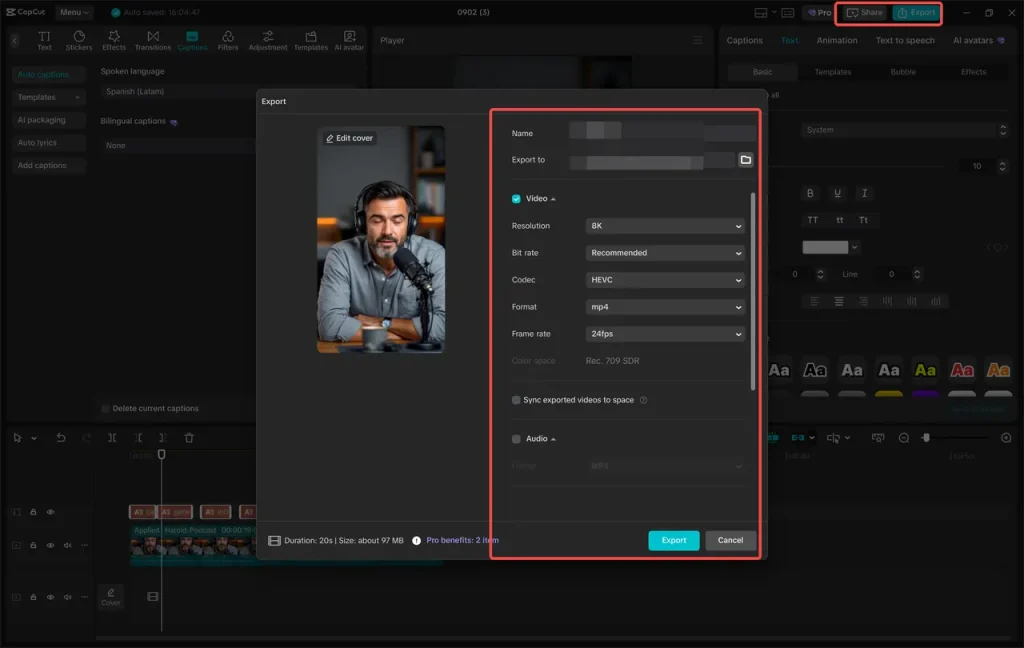 CapCut desktop video editor interface, showing video export settings and options