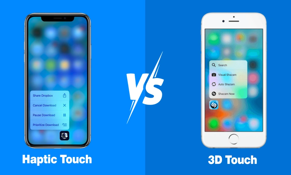 Comparison image showing Haptic Touch on an iPhone (left) versus 3D Touch on another iPhone (right), both displaying contextual menu options.