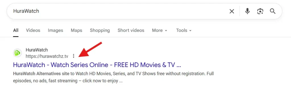Hurawatch SERP in Google SERP