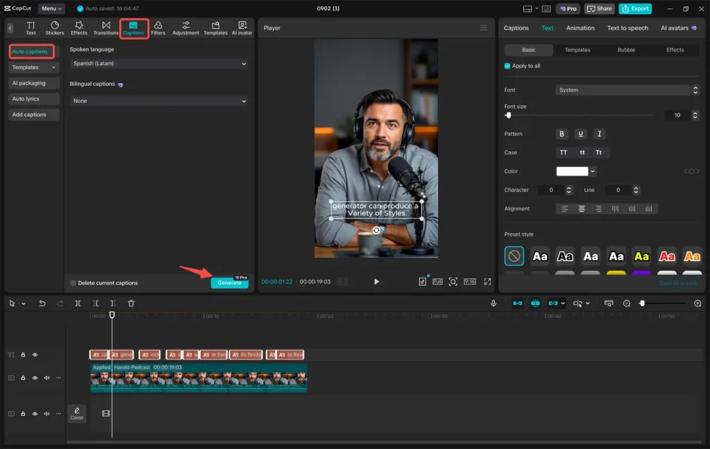 CapCut desktop video editor interface, where you can add captions and personalize your AI video