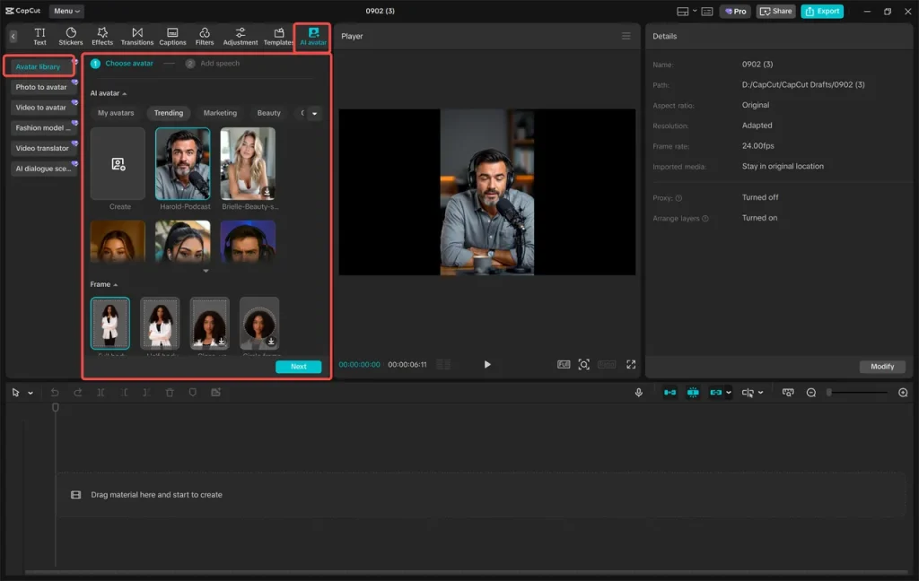 CapCut desktop video editor interface showing a selection of AI avatars to choose from
