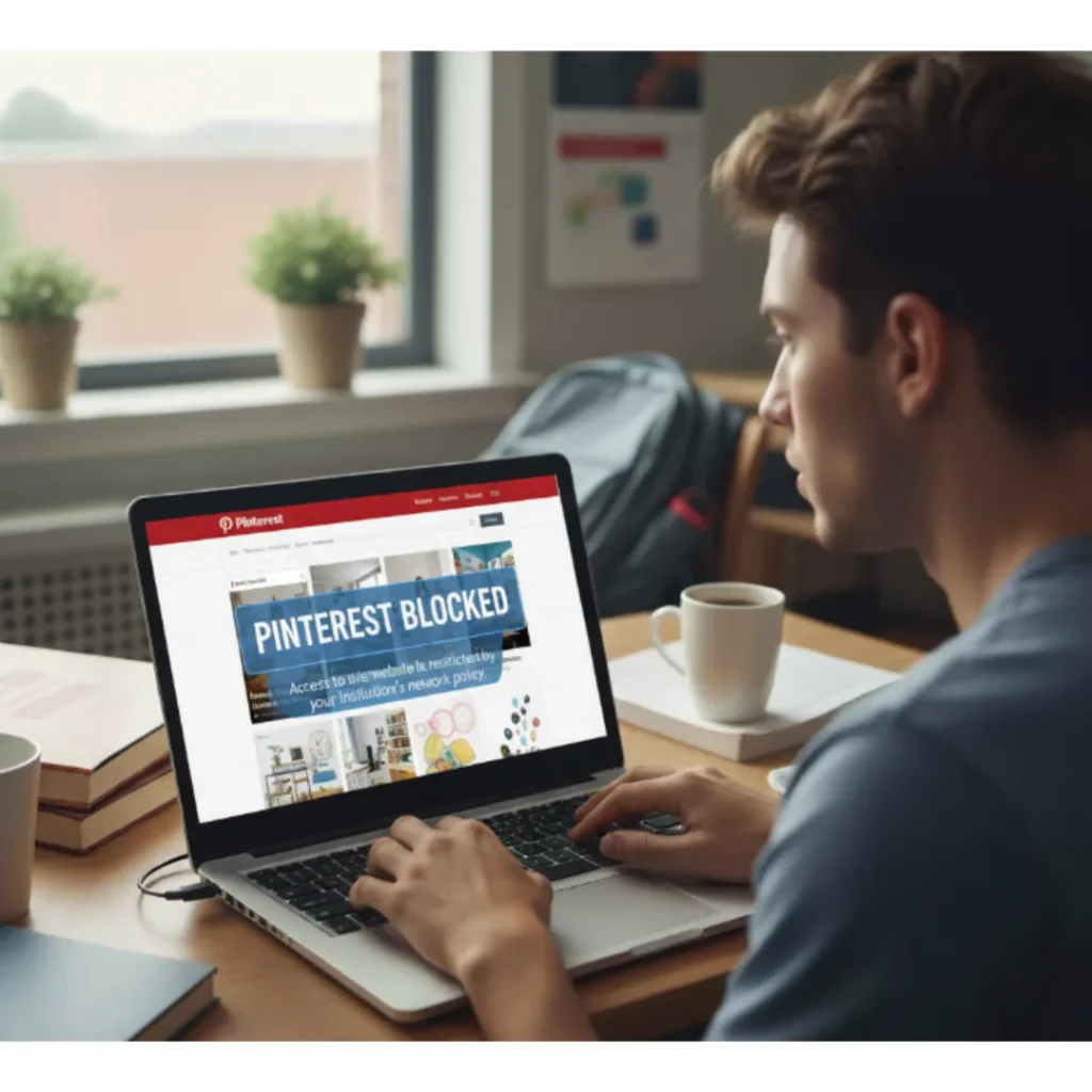 Computer screen showing Pinterest Blocked notification