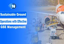Ground support equipment and aircraft at an airport illustrating the aviation industry's shift toward sustainable and circular GSE management.