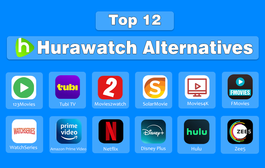 Image of the Best Hurawatch Alternatives, which are 123Movies, Tubi TV, Movies2Watch, SolarMovie, Movies4K, FMovies, WatchSeriesHD, Amazon Prime Video, Netflix, Disney Plus, Hulu, and Zee5 for free and premium movies & TV shows.