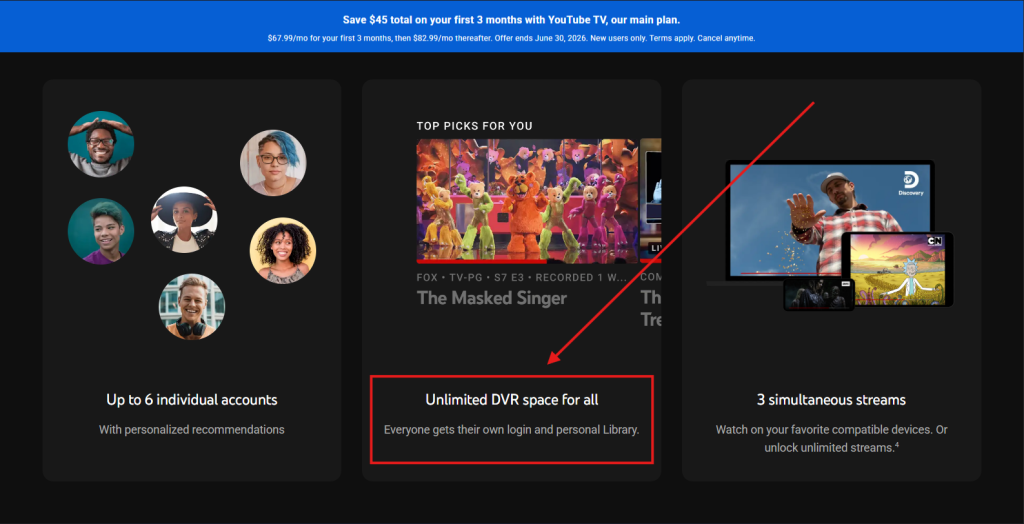 Screenshot of YouTube TV's homepage by NogenTech. It is showing There is "Unlimited DVR space for all"