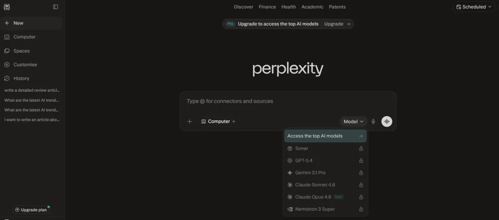 Perplexity home screen page screenshot by NogenTech.org