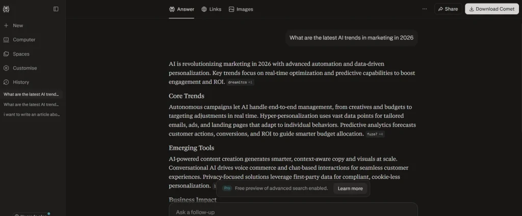 Screenshot showing perplexity's answer to What are the latest AI trends in marketing in 2026