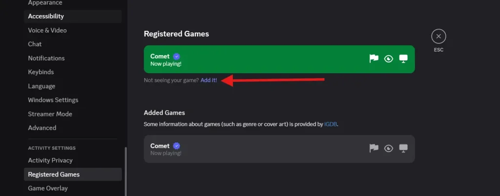 Add it Option on Registered Games section in Discord Settings