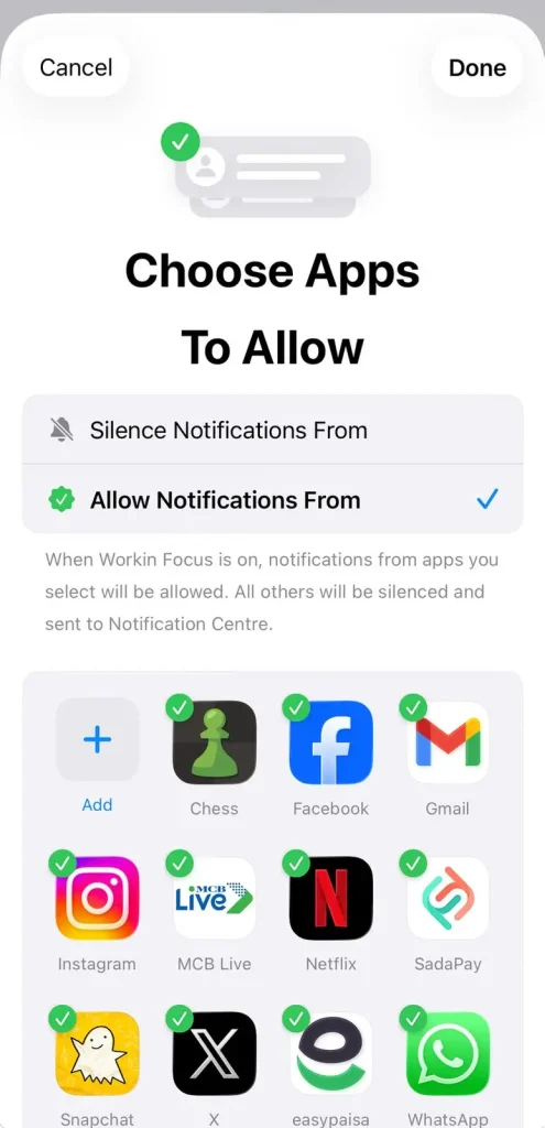 Allow Notifications From Apps on Focus Mode