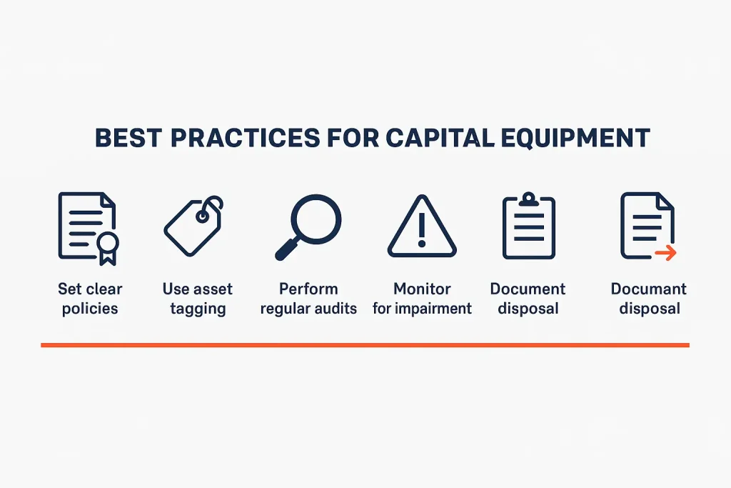 Checklist infographic showing best practices for managing capital equipment, including clear policies, tagging, audits, impairment monitoring, and documentation.