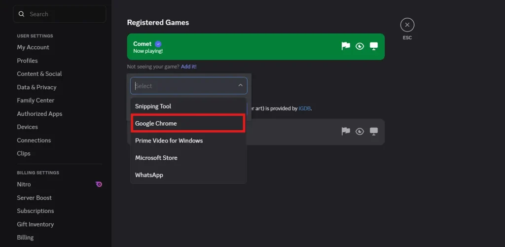 Browser Option of the Chrome on the Discord