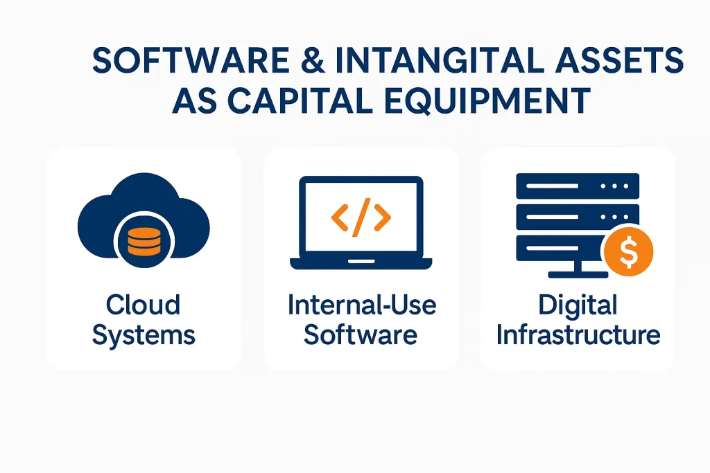 Infographic showing examples of software and intangible assets that qualify as capital equipment, including cloud systems, internal-use software, and digital infrastructure.