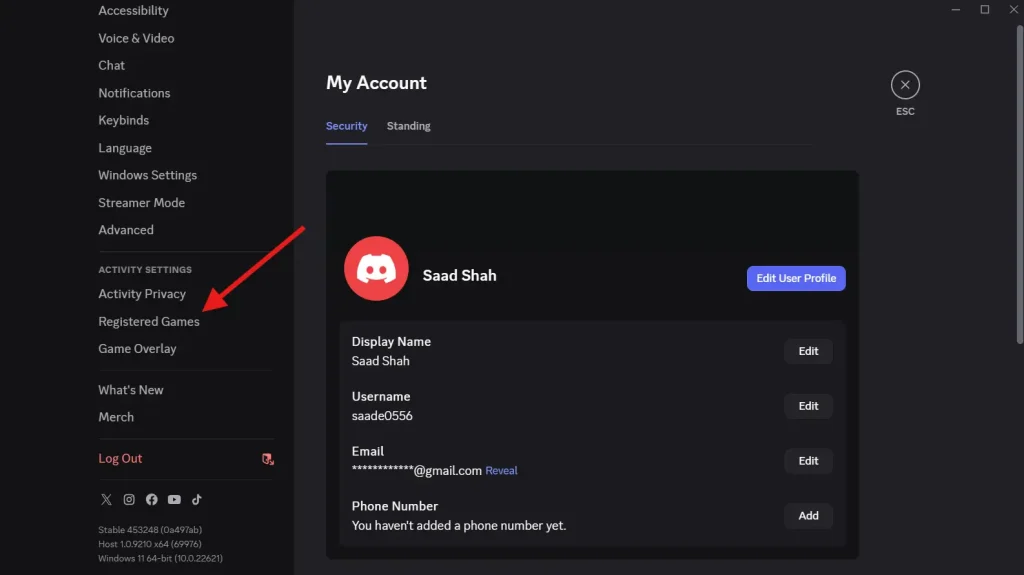 Registered Games option in Discord