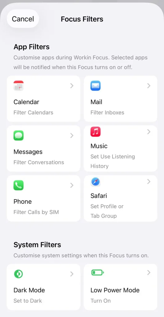 iPhone focus mode settings screenshot of Focus Filters