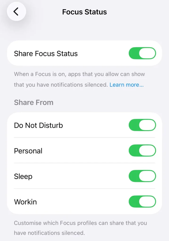 Focus Status on or off