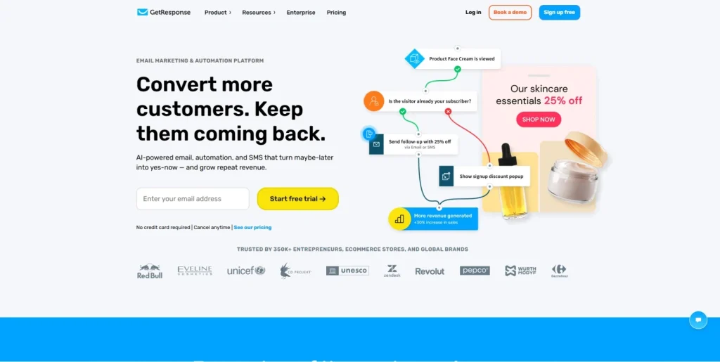 Screenshot of GetResponse homepage