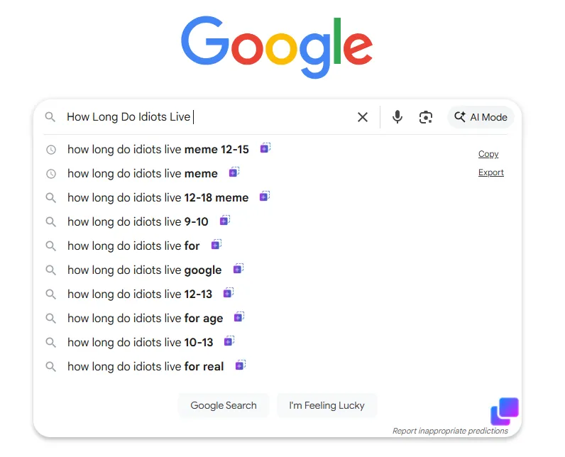 How Long Do Idiots Live meme | Search Suggestion Screenshot