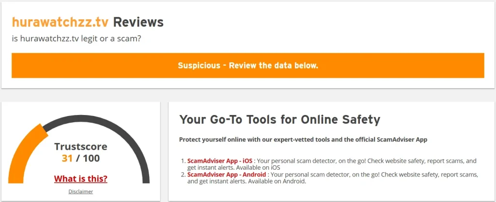 Image of Hurawatchzz.tv Trustscore on ScamAdviser