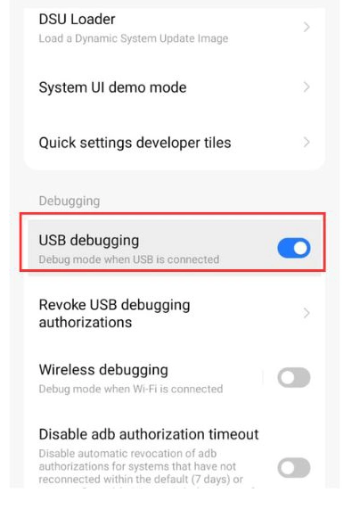 enable the USB Debugging option