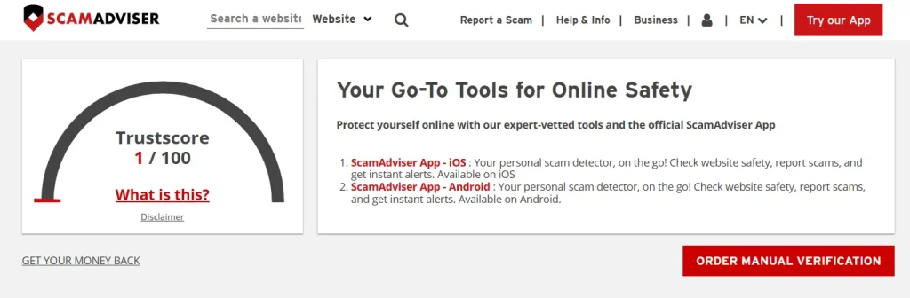 ScamAdviser gives 1/100 points to the Instatroid.