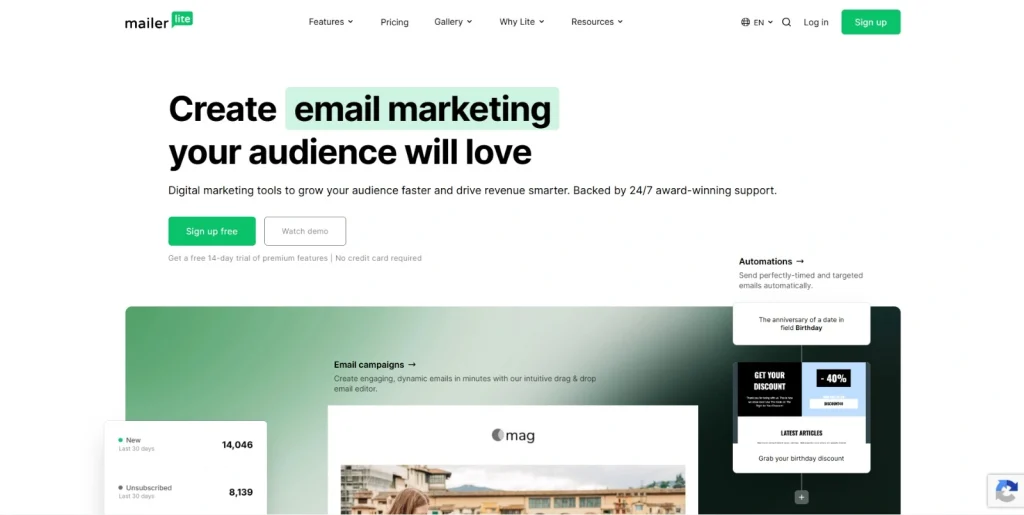 Screenshot of MailerLite homepage