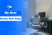 Ergonomic chair and desk setup with organized cables, dual monitors, and workspace accessories for remote work.