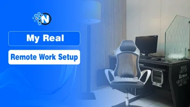 Ergonomic chair and desk setup with organized cables, dual monitors, and workspace accessories for remote work.