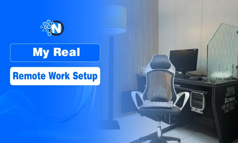 Ergonomic chair and desk setup with organized cables, dual monitors, and workspace accessories for remote work.