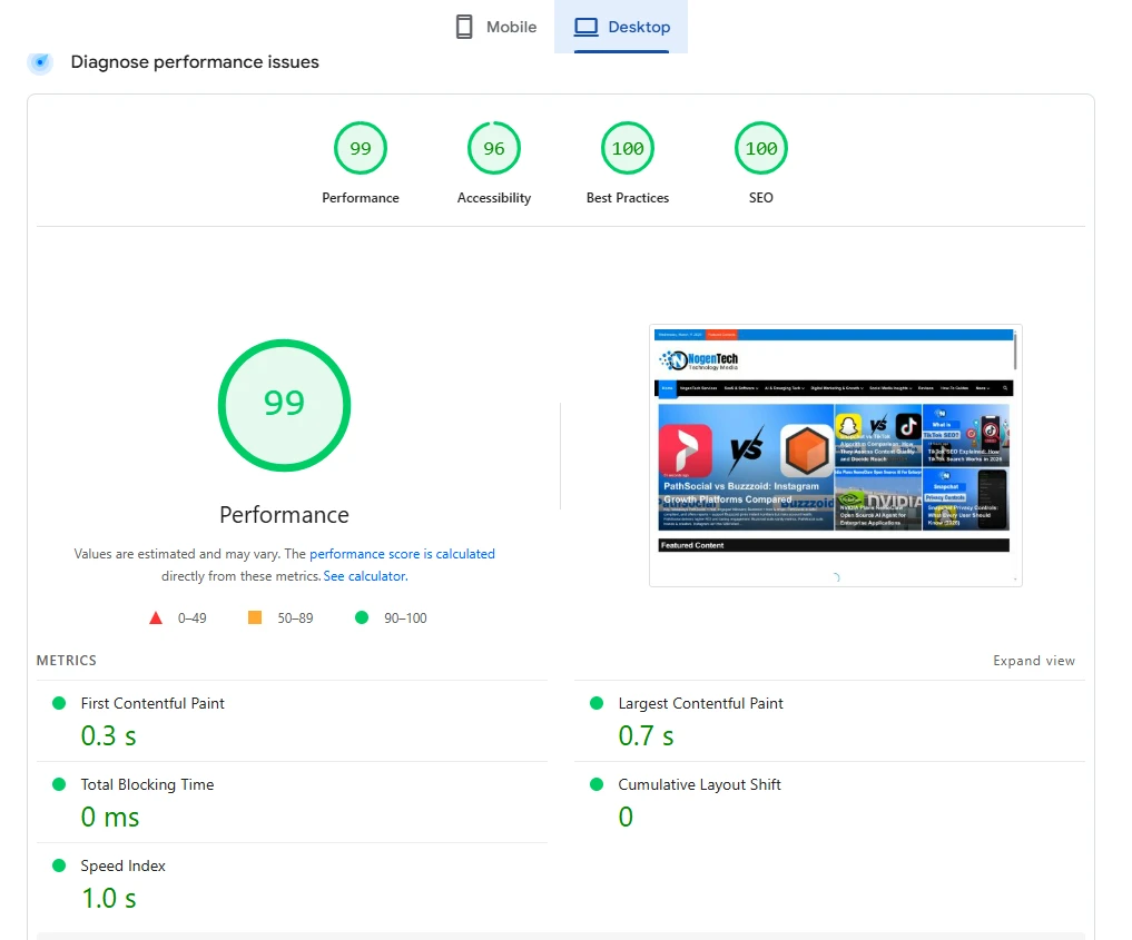 NogenTech desktop speed test result with near‑perfect score of 99 on Google PageSpeed.