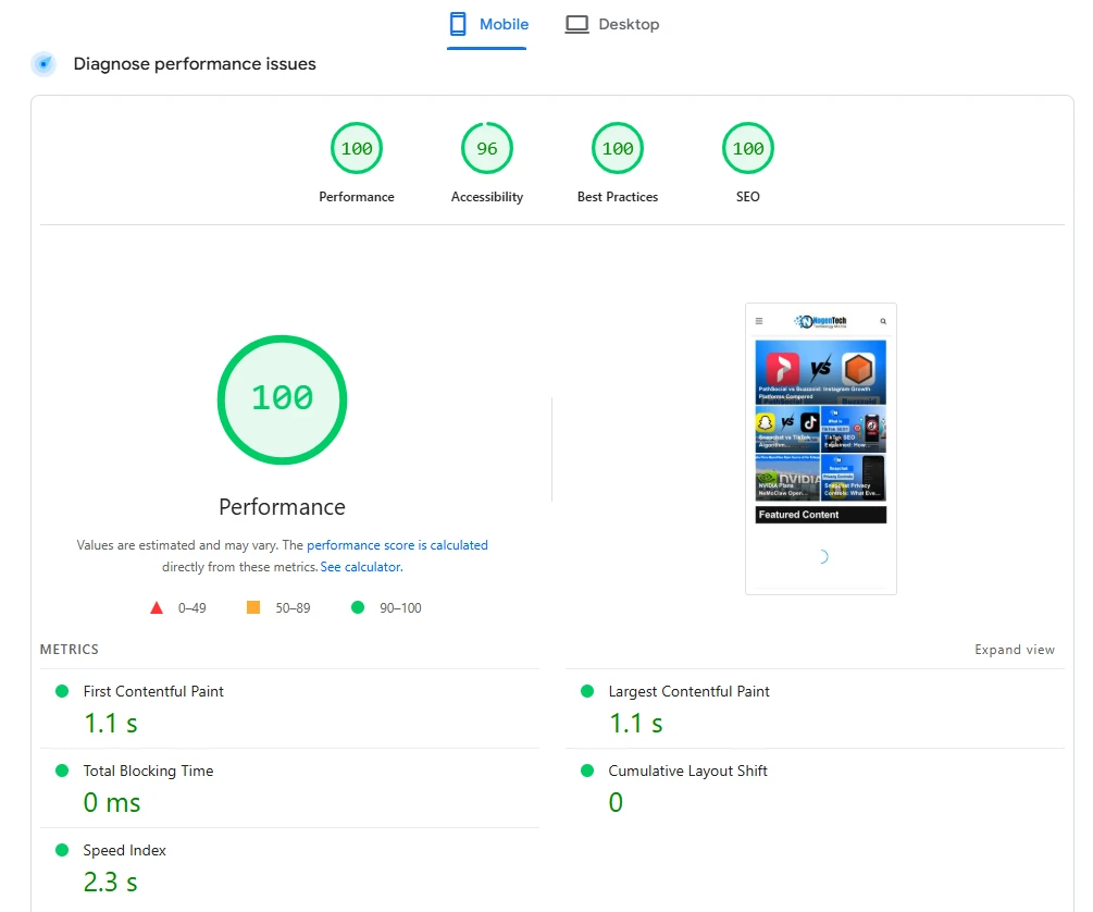 NogenTech mobile speed test result showing perfect score of 100 on Google PageSpeed.