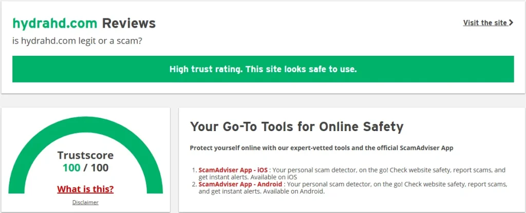 ScamAdviser Trustscore of HydraHD.com
