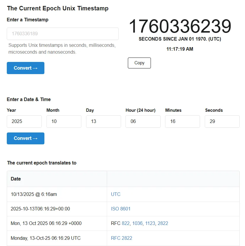 Unix Timestamp website homepage