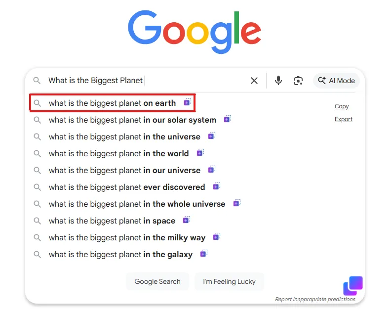 What is the Biggest Planet on Earth meme | Google Search Suggestion Screenshot