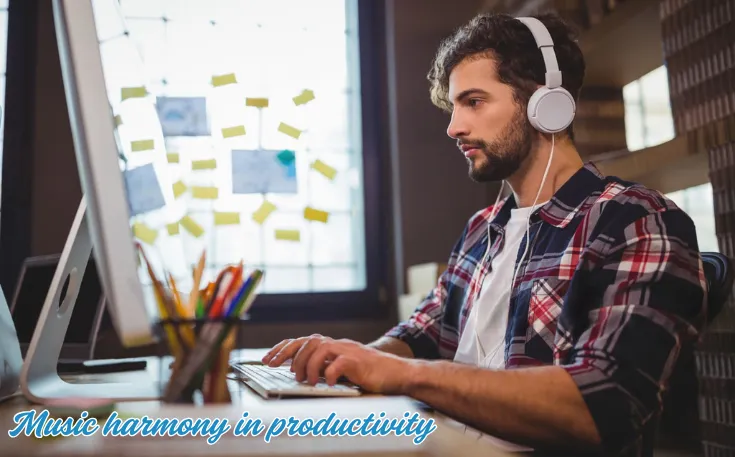 Creative employee working on a computer while listening music at desk in office