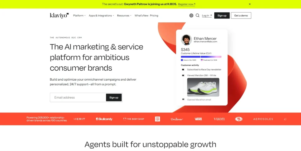 Screenshot of Klaviyo homepage