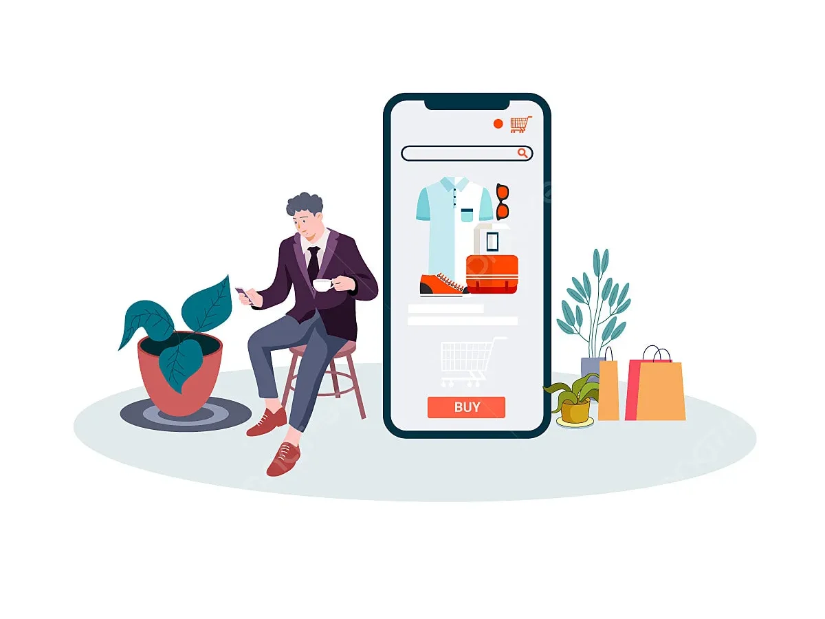 Mobile shopping vector showing a customer and a mobile view of an online store