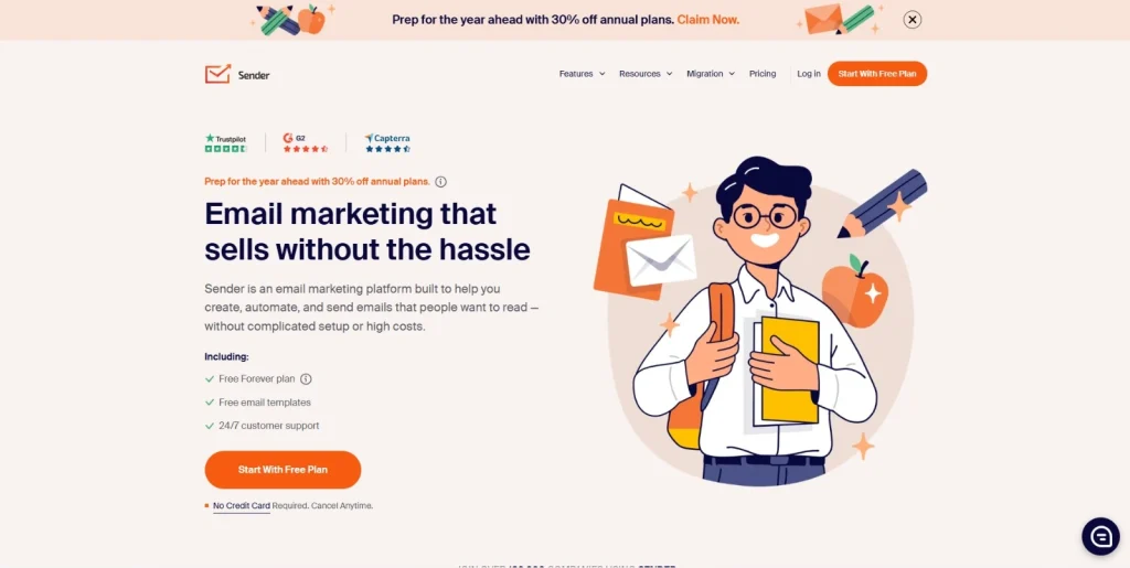 Screenshot of Sender homepage