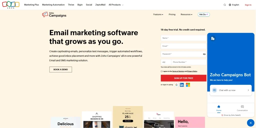 Screenshot of Zoho Campaigns homepage